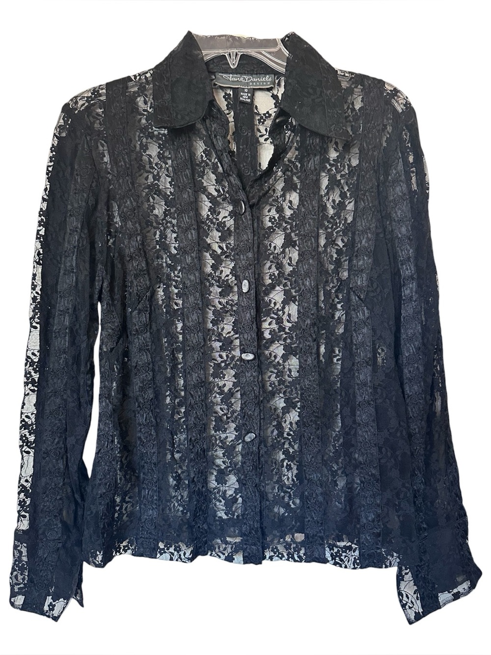 Y2K Sheer Black Lace Top‎ Size 10 Fairy Grunge Whimsigoth Long Sleeve Button Up